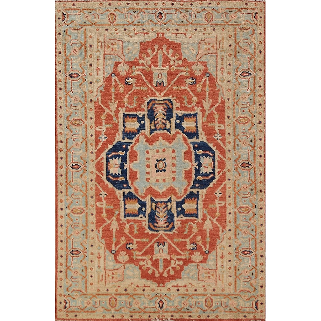 Orange Vegetable Dye Heriz Serapi Rug Hand-Knotted Wool Carpet - 3'1"x 4'10"