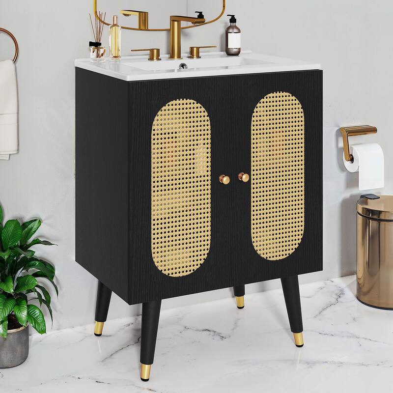 24" Rattan Boho Bathroom Vanity with Sink