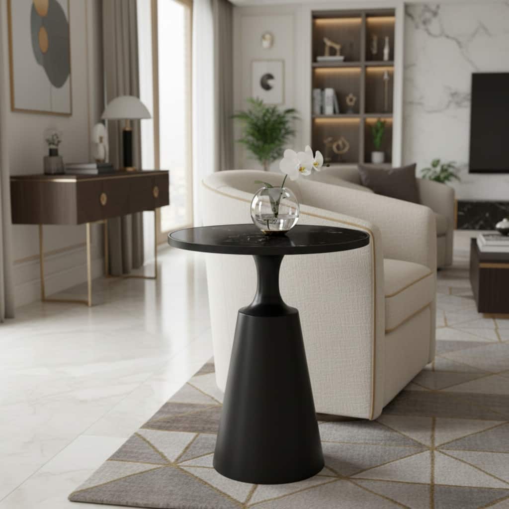 Roomfitters 20" Round Side Table Marble Pattern Top Black Iron Pedestal Base Modern Minimalist Accent End Table, Black