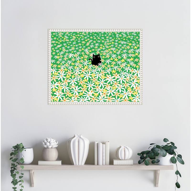 Black Cat in Flower Field by Gabriela Avila Framed Canvas Wall Art Print