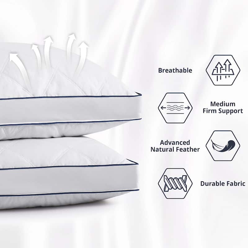 Set of 2 Premium Medium-Firm Goose Feather Down Bed Pillow with Gusset - White
