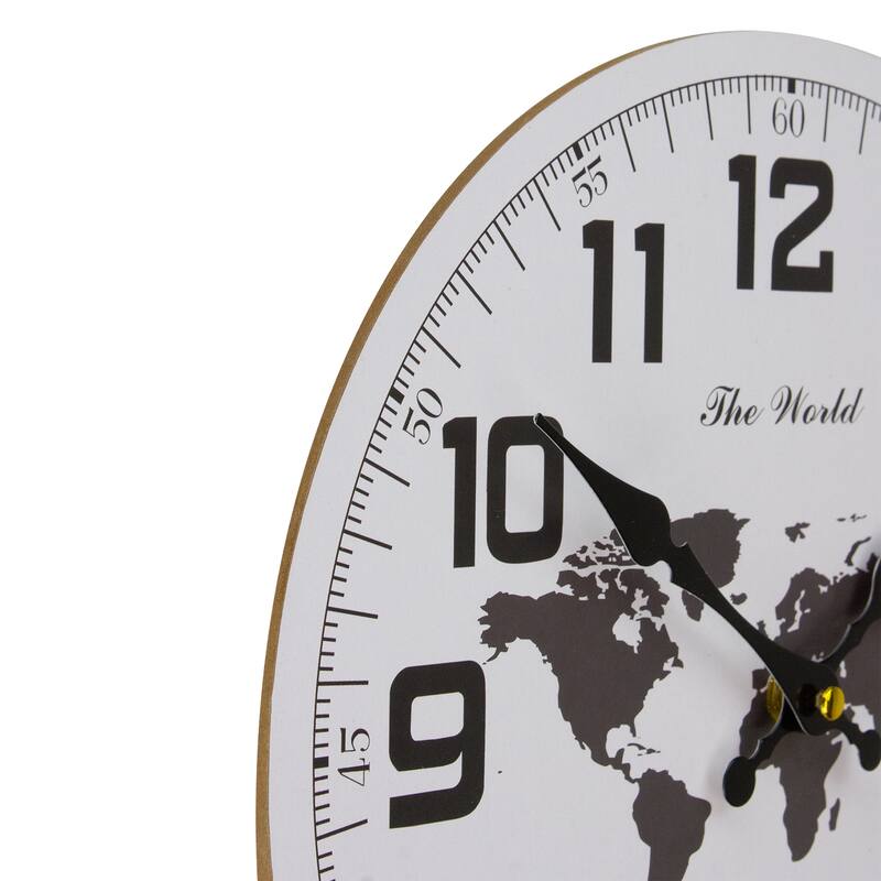 12" White Black B/O Round Wall Clock with Continent Design