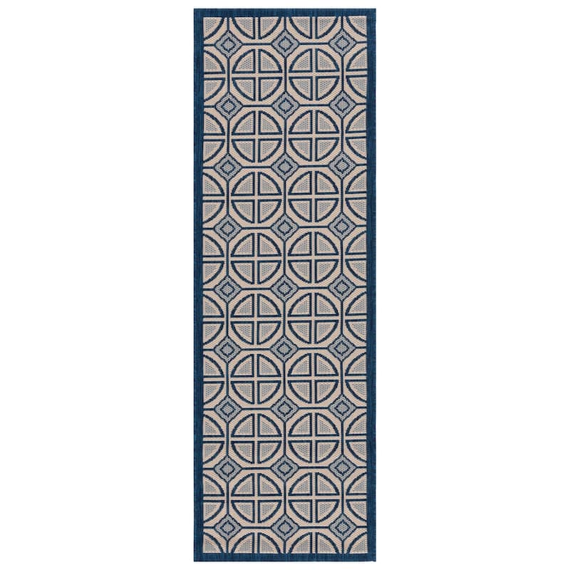 SAFAVIEH Courtyard Fatmire Indoor/ Outdoor Waterproof Patio Backyard Rug - 2'3" x 6'7" Runner - Beige/Navy