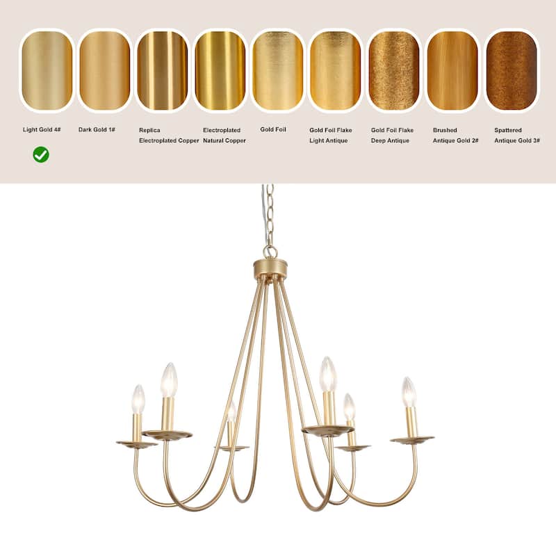 Rella Modern Farmhouse Chandelier 6-light Classic Candle Metal Dining Room Pendant - Light Gold - D28" x H24"
