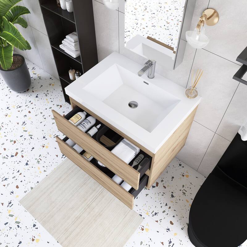 Angela Wall Mounted Bathroom Vanity in F. Oak with White Cultured Marble Top