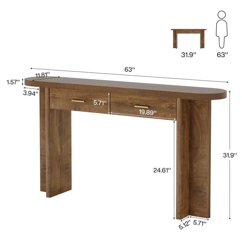 63-Inch Console Table with 2 Drawers, Farmhouse Curved Entryway Table