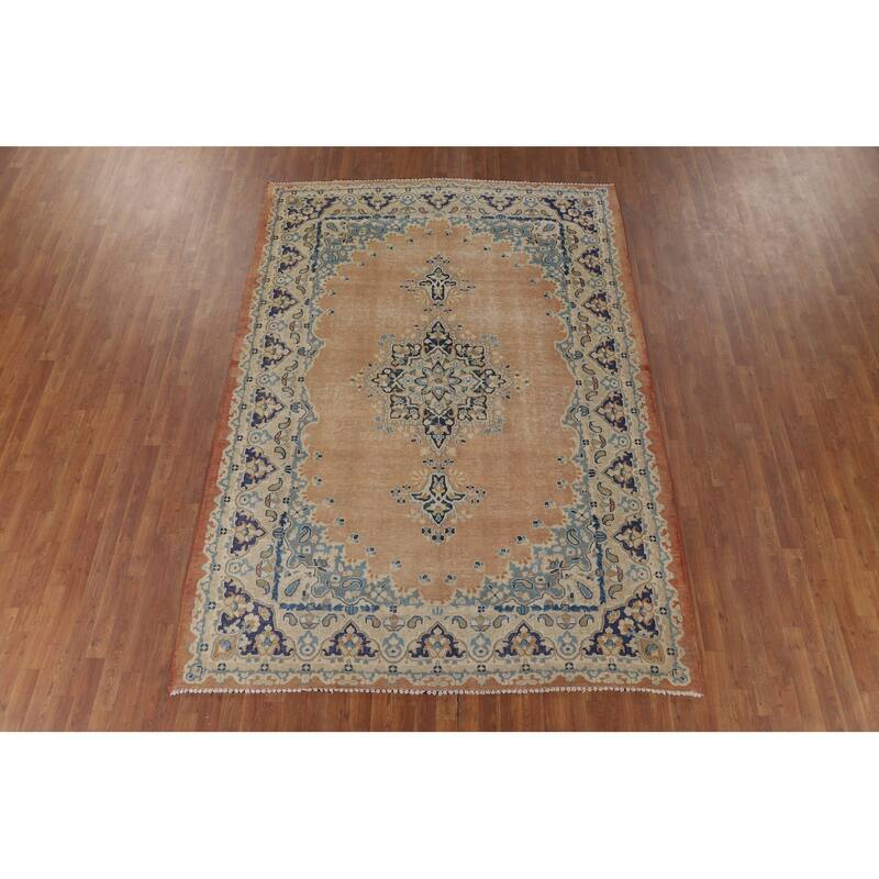 Orange Kerman Vintage Persian Area Rug Hand-Knotted Wool Carpet - 7'0" x 9'10"