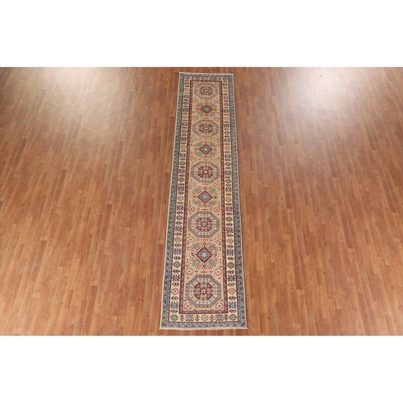 Hand Knotted Oriental 100% Wool Carpet Traditional Geometric Beige & Ivories Kazak Runner Rug - 12' 8'' X 2' 10''