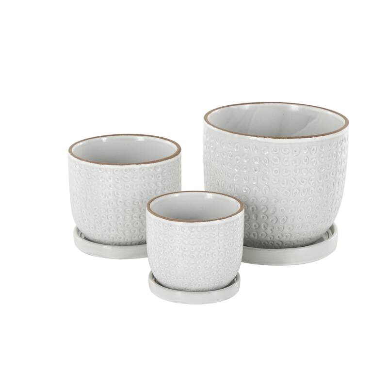 Ceramic Abstract Circle Patterned Indoor Outdoor Planter with Brown Accents and Base Tray - Set of 3 White - Roche River Decor