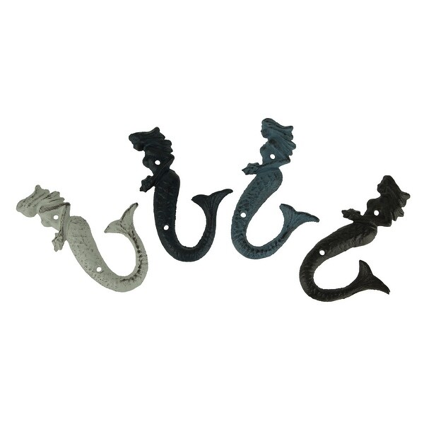 Distressed Cast Iron Mermaid Wall Hook Decorative Beach Hanger 6 inch Set of 4 - 5.75 X 3.25 X 0.75 inches