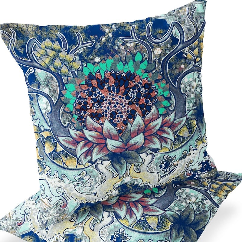 HomeRoots Set of Two 16" X 16" Blue and Yellow Blown Seam Floral Indoor Outdoor Throw Pillow - 16.00' X '16.00' X '5.00