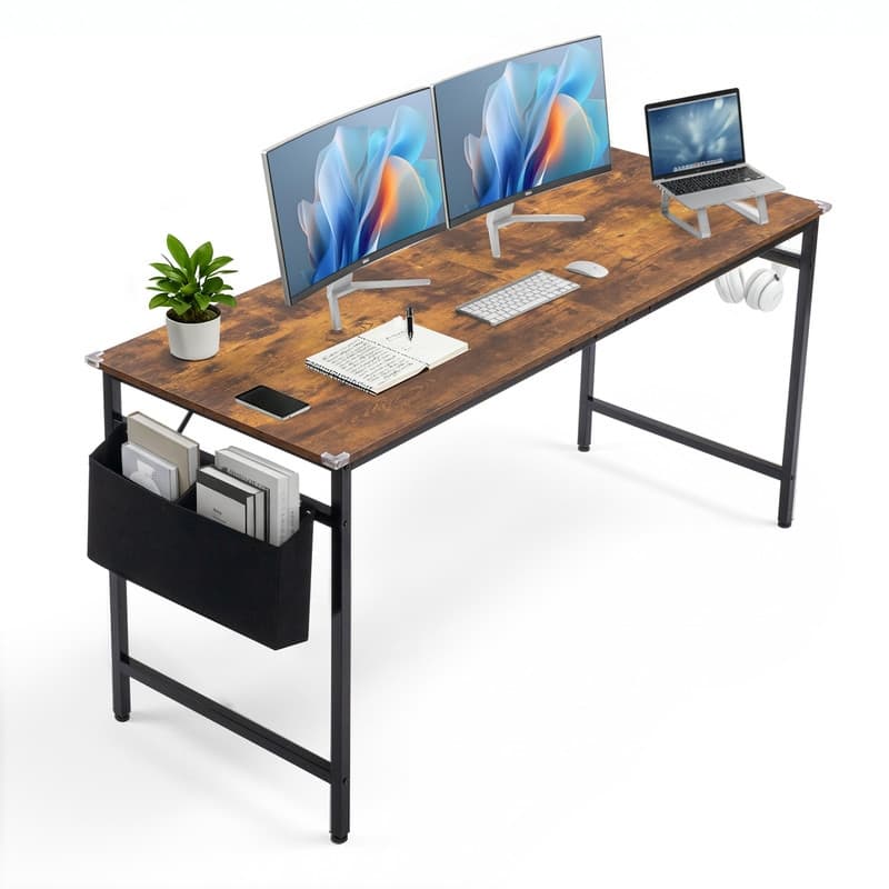 63” Computer Desk for Home Office ,Study Writing Desk with Storage, Side Hooks & Adjustable Feet