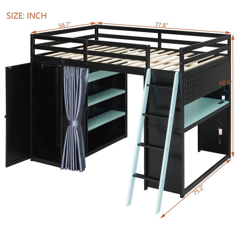 Full Size Loft Bed with Wardrobe, Desk, Shelves, Blackout Curtains & RGB Lights, Workstation with USB Port