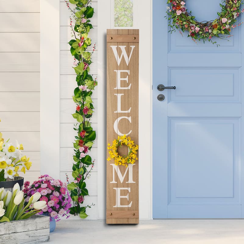Glitzhome 60"H Wooden Welcome Porch Sign with 4 Floral Wreaths for Fall Halloween Thanksgiving Christmas Decoration