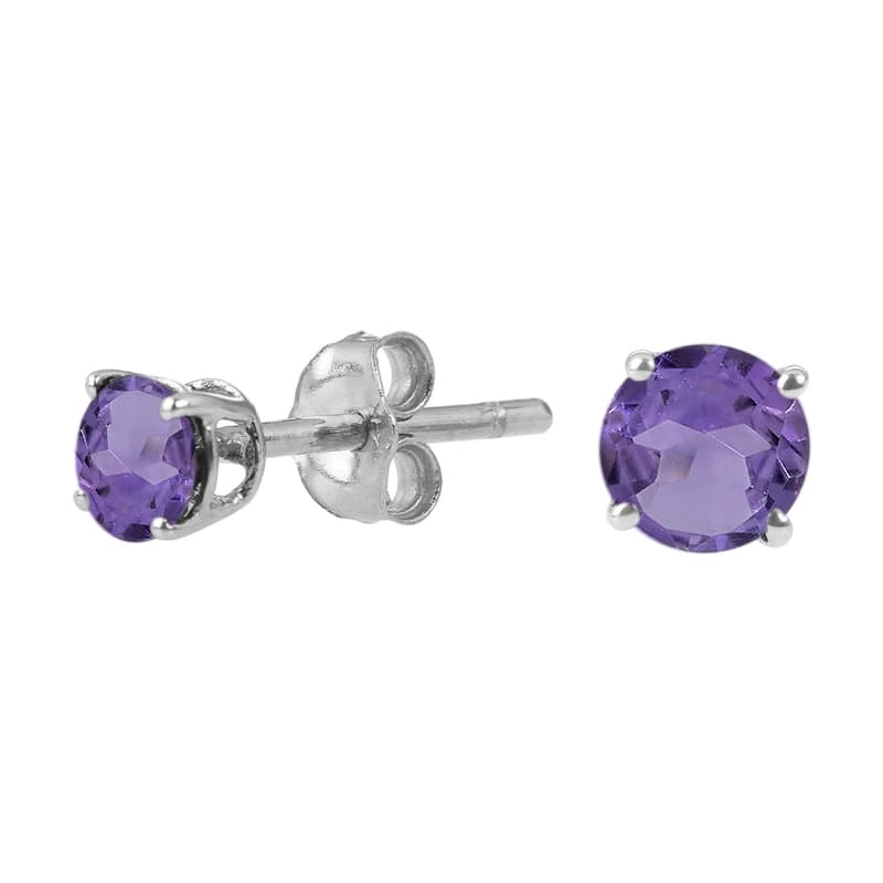 Sterling Silver Round 4mm Gemstone Birthstone Stud Earrings - Purple - Amethyst