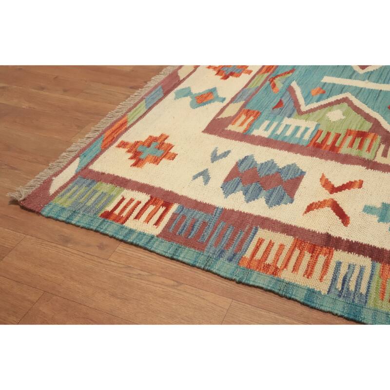 Hand Woven Oriental 100% Wool Carpet Southwestern Tribal Navy Blue & Blues Kilim Area Rug - 7' 0'' X 5' 1''