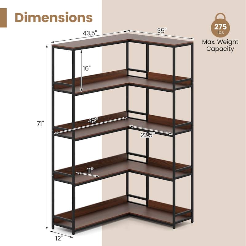 Costway Corner Bookshelf 5-Tier L-Shaped Bookcase 71" Tall Etagere - See Details