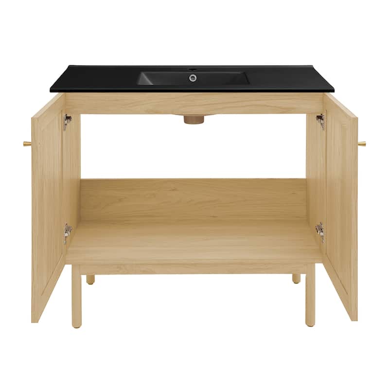 Classe 36 In. Natual Oak Bathroom Vanity With Black Ceramic Sink Top