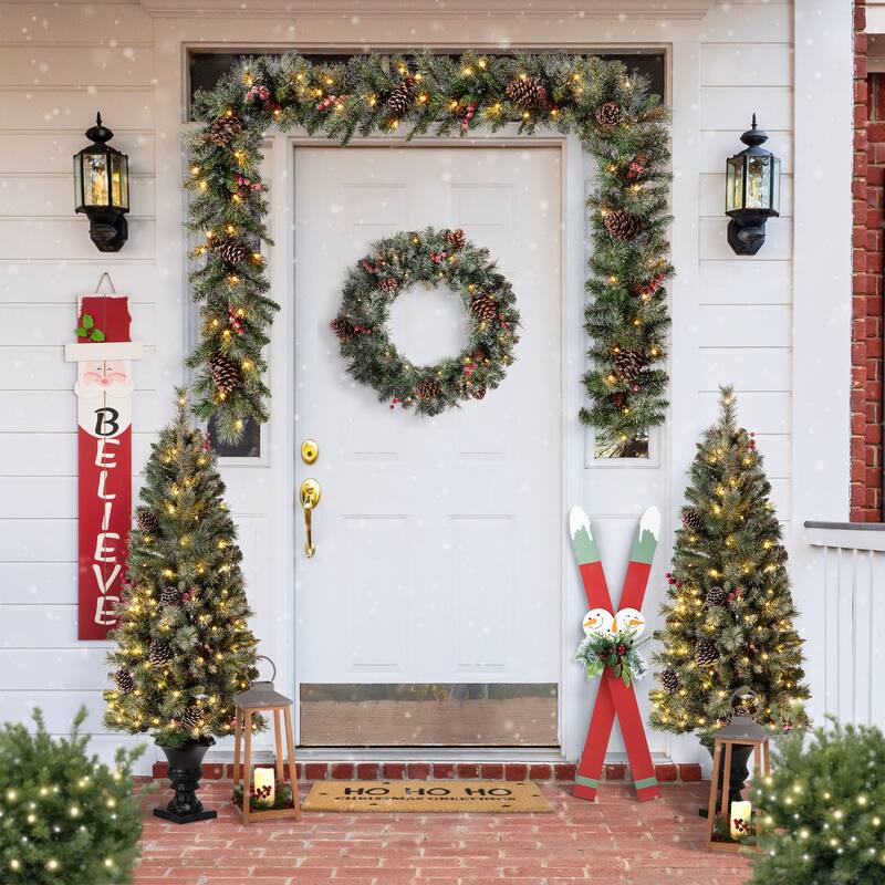 Glitzhome 35"H Christmas Wooden/Galvanized Ski Porch Decor