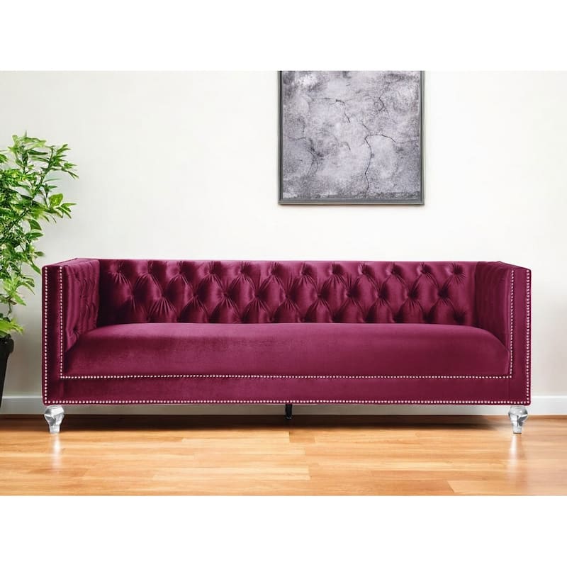 HomeRoots 89" Burgundy Velvet Sofa And Toss Pillows With Black Legs - 89
