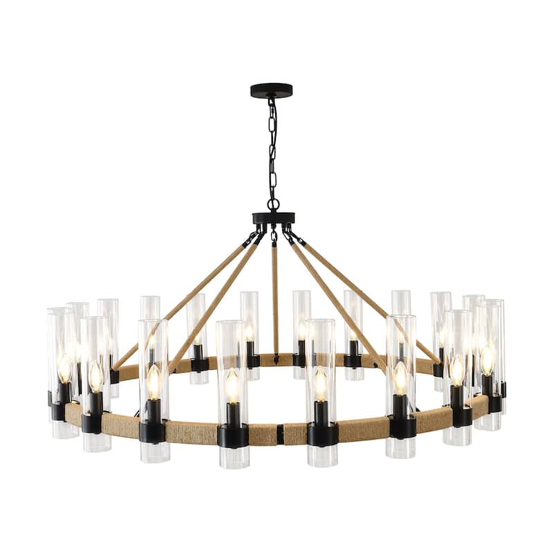 Modern Rustic Wagon Wheel Chandelier with Clear Glass Shades & Hemp Rope Accents