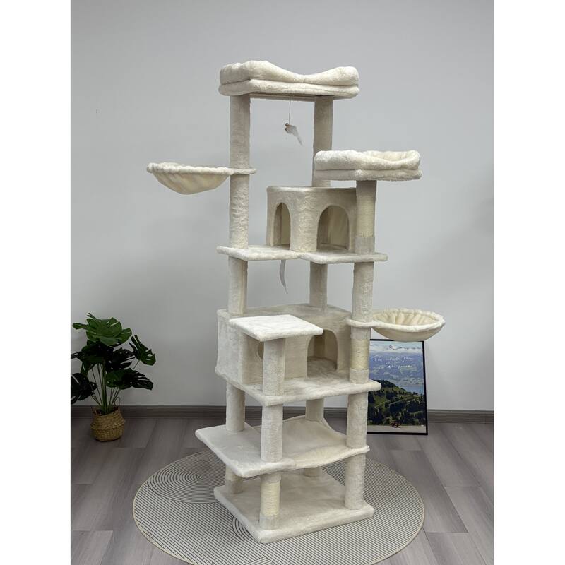 68in Tall Multi-Level Green Cat Tree with Hammocks, Hanging Basket, Cat Cave
