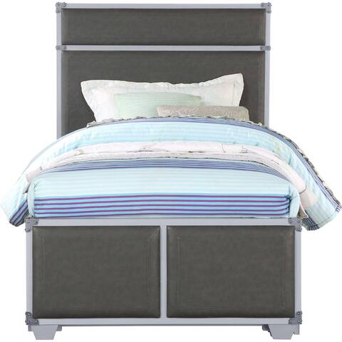 Wooden Twin Bed with PU Upholstered Headboard and Footboard in Two-tone Grey