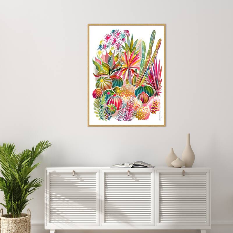 Flowering Succulent and Cacti Garden by Uta Krogmann Framed Canvas Wall Art Print - Sylvie Bright Gold