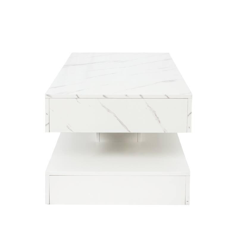 High-Glossy LED Coffee Table with 2 Drawers, Living Room Storage Tables with Marbling Print, Stylish Double-Layer Center Tables