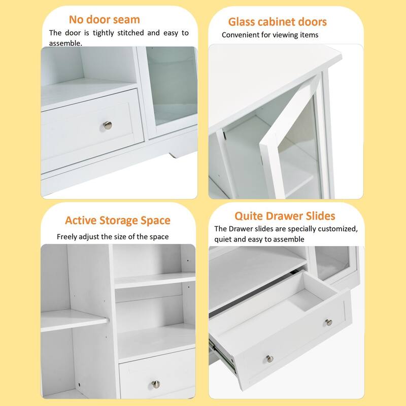 Sideboard Cabinet with 2 Glass Doors & 1 Drawer, Large Kitchen Storage Cabinet, Wooden Coffee Bar with Adjustable Shelves