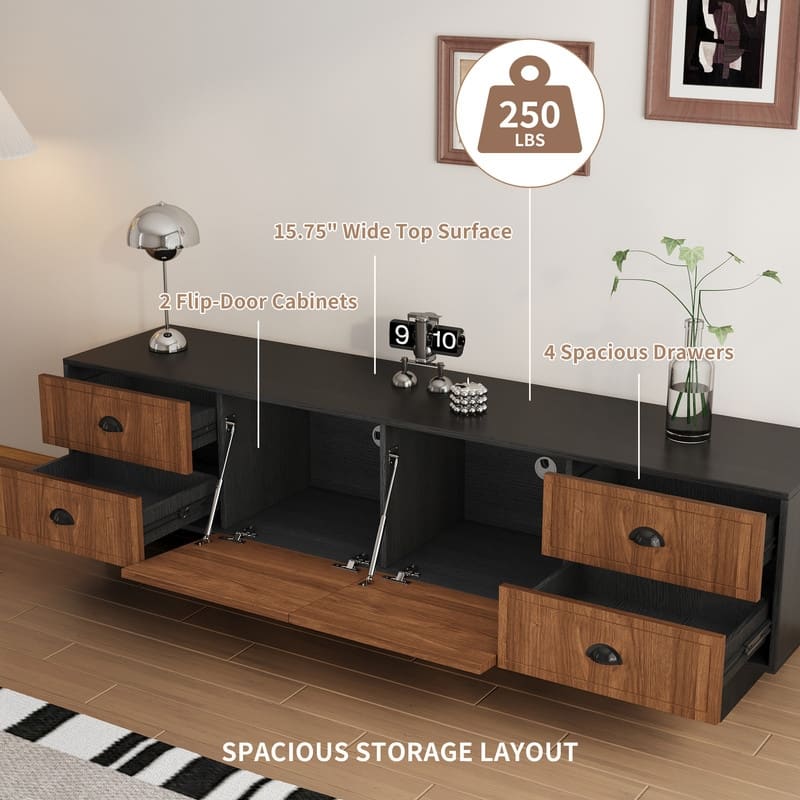 71" Modern Two-Tone Black & Brown TV Stand Media Console for Living Room