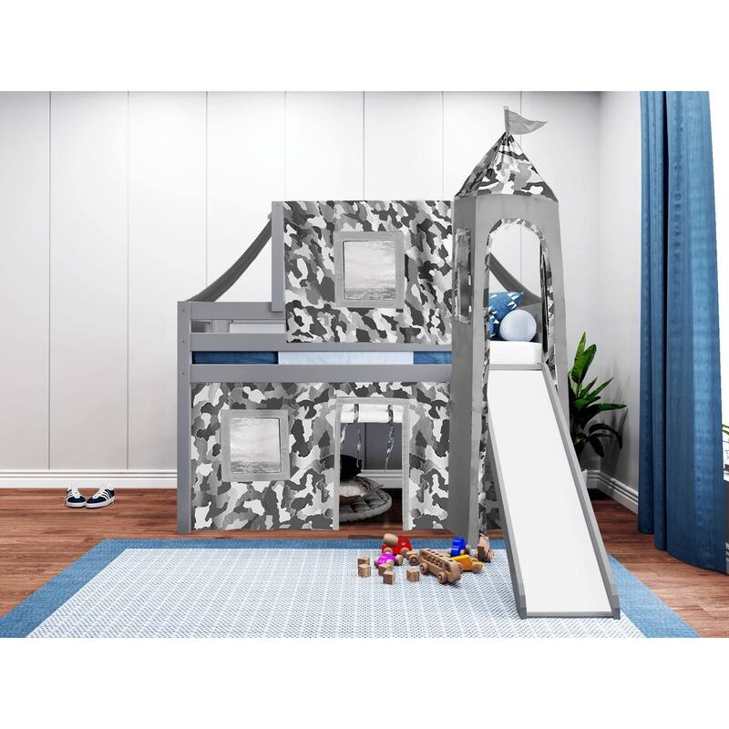 JACKPOT Prince & Princess Low Loft Twin Bed, Ladder Slide Tent & Tower