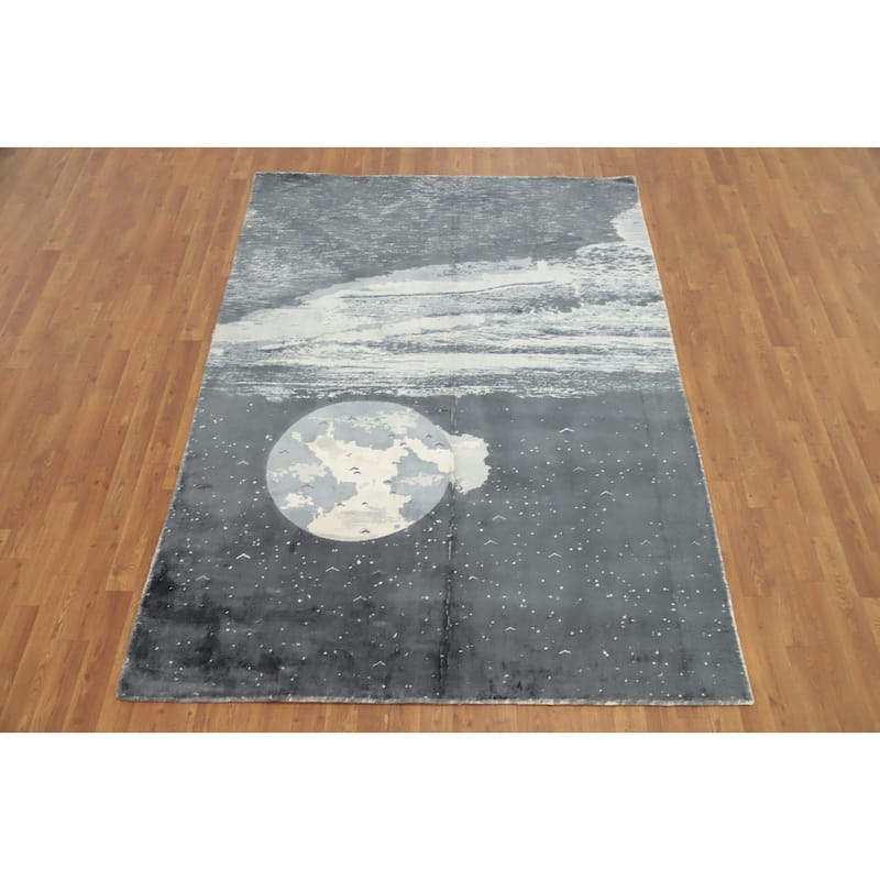 Hand Knotted Oriental Viscose Silk Carpet Modern Pictorial Greys & Charcoal Abstract Area Rug - 7' 8'' X 5' 6''