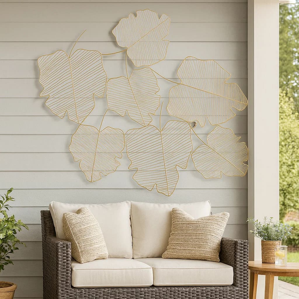 49 Inch Decorative Wall Art, Attached Leaves Design, Iron, White and Gold