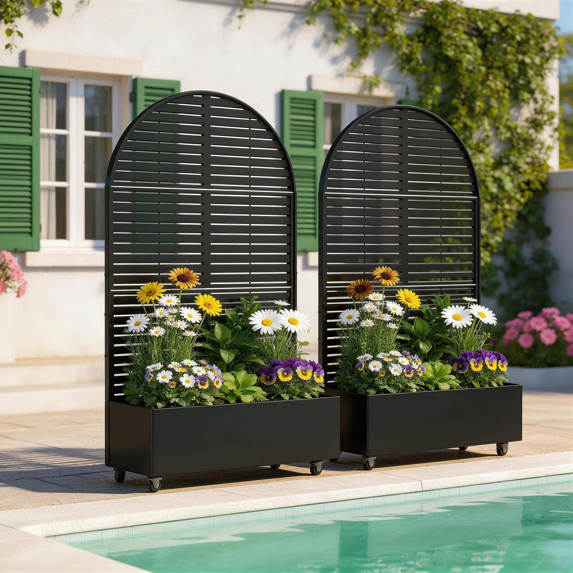 Arch Metal Planter Boxes with Trellis and Wheels (Set of 2)