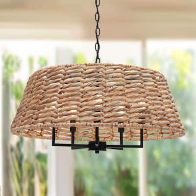 5-Light Rattan Drum Chandelier Coastal Kitchen Island Pendant Light for Dining Room - Nature - D26"xH13"