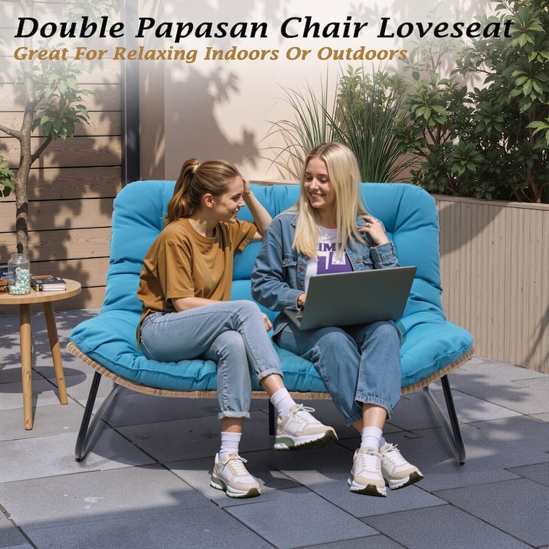 VredHom PE Rattan Double Papasan Chair Loveseat with Cushion for Indoor Outdoor