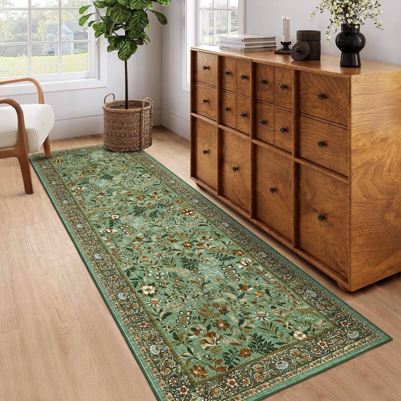 Botanical Area Rugs for Living Room Floral Leaves Pattern Rug Washable Farmhouse Soft Non-Slip Accent Carpet - 2'x6' - Light Green