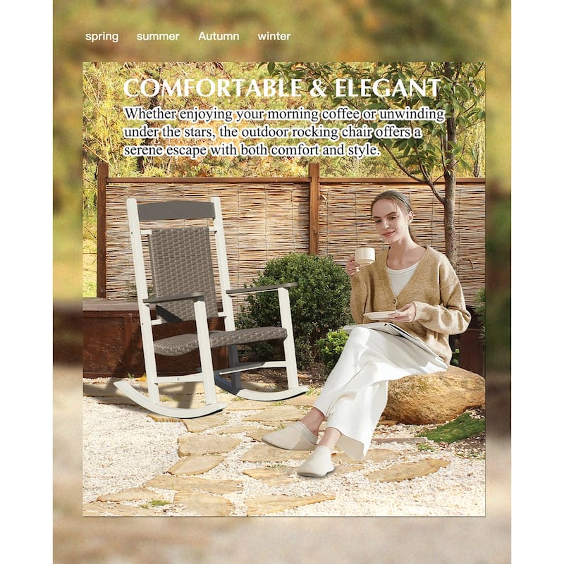 Outdoor Rocking Chairs Set of 2, Durable HDPE Oversized Rockers, Wicker Rocking Chair with 380lbs Support, Weather-Resistant