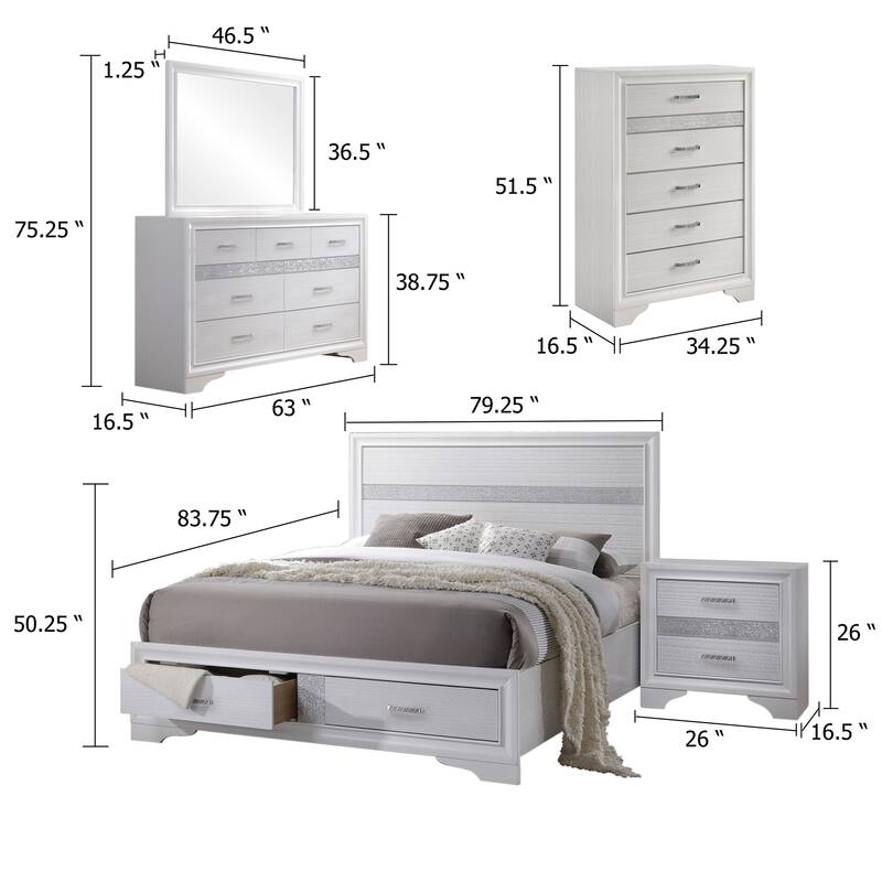 Vino White 5 Piece King Bed Set with Storage, Dressers, Glitter Accent