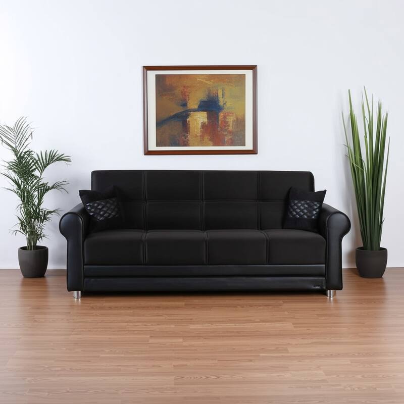 HomeRoots 89" Black Polyester Convertible Futon Sleeper Sofa And Toss Pillows With Storage - Black
