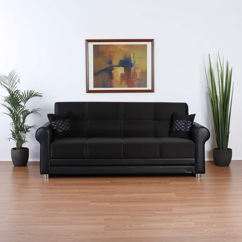 HomeRoots 89" Black Polyester Convertible Futon Sleeper Sofa And Toss Pillows With Storage