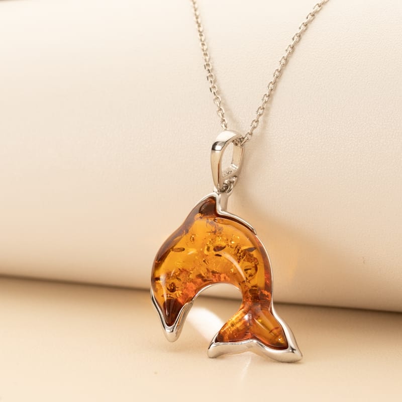 Amber Dolphin Pendant in Sterling Silver
