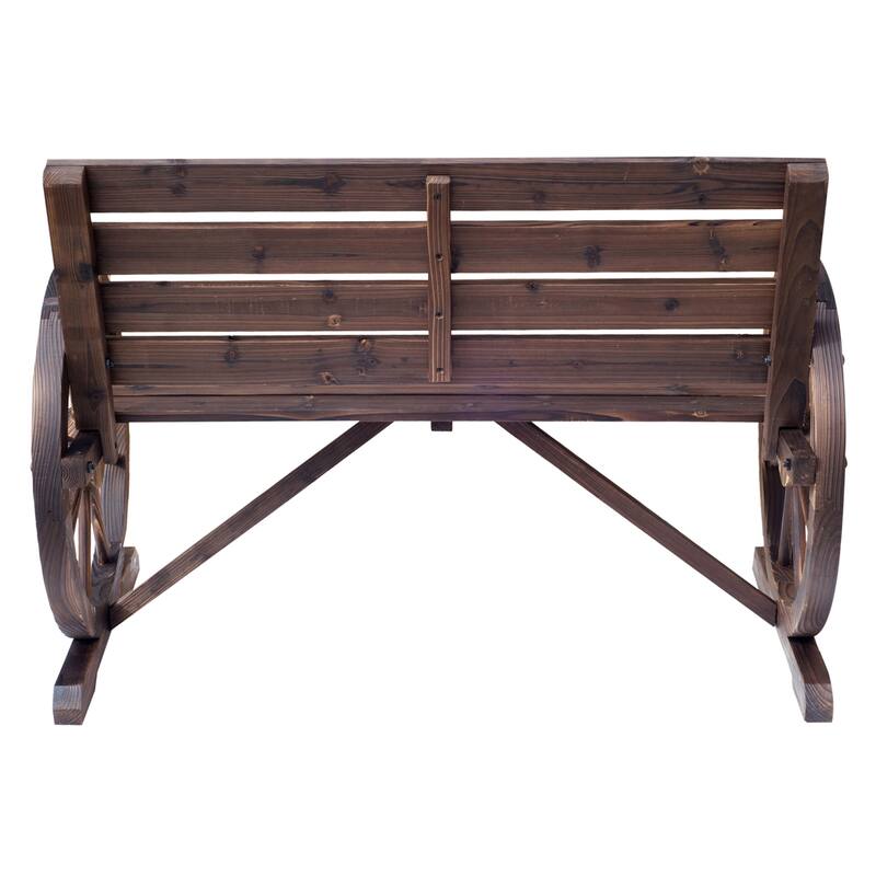 Outdoor Wooden Wagon Wheel Bench, Rustic Patio 2-Person Slatted Seat Bench with Backrest