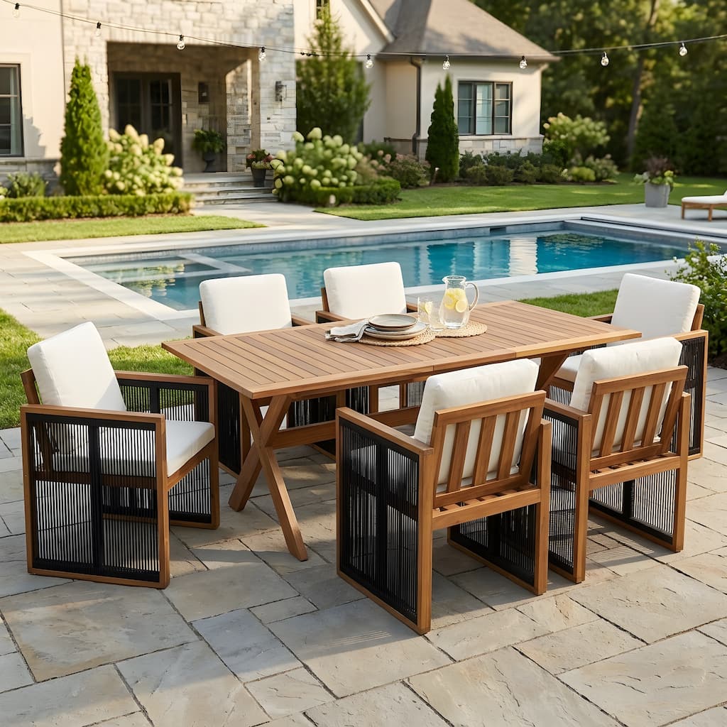 Christopher Knight Home - 7-Piece Outdoor Dining Set Acacia Wood with Extendable Table, Handwoven Rope Chairs & Cushions