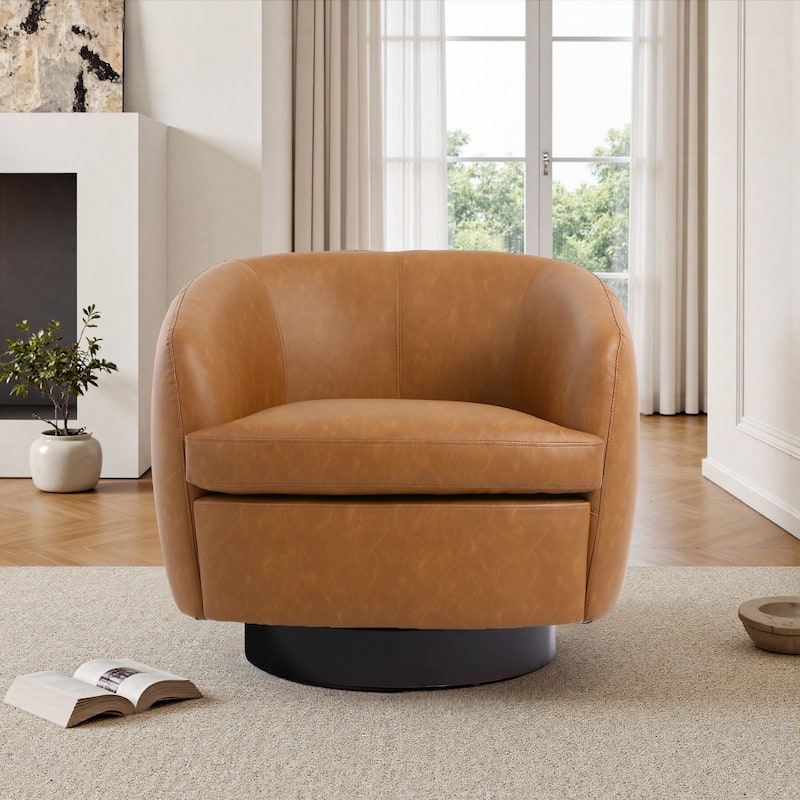 Leather Upholstered Swivel Barrel Accent Chair With Wood Base