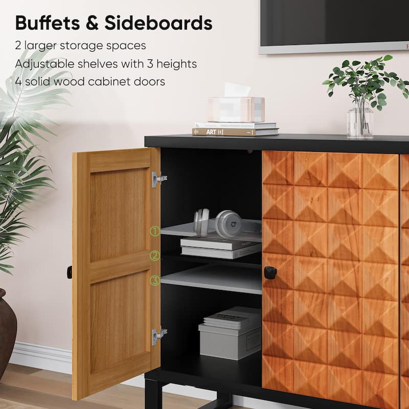 55.4" Modern Sideboard Buffet Cabinet with Geometric Solid Wood Doors and Adjustable Shelves for Entryway or Dining