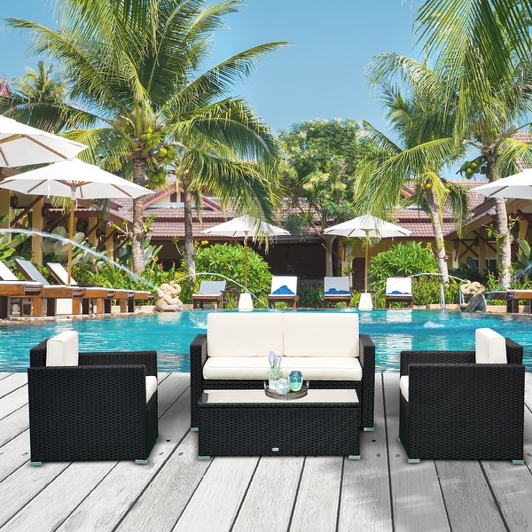 Shop Outsunny 4 Piece Black Rattan Cushioned Patio Furniture Set Overstock 31073465