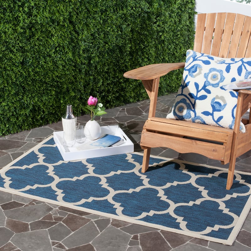 SAFAVIEH Courtyard Hafiza Indoor/ Outdoor Waterproof Patio Backyard Rug - 2' x 3'7" - Navy/Beige
