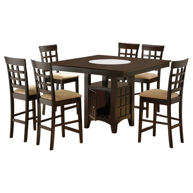 Uric Counter Height Dining Table w Wine Storage, 6 Lattice Chairs, Brown